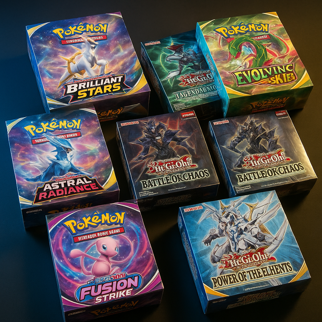Sealed Pokémon and Yu-Gi-Oh! booster boxes including Brilliant Stars, Evolving Skies, Battle of Chaos, and Power of the Elements.