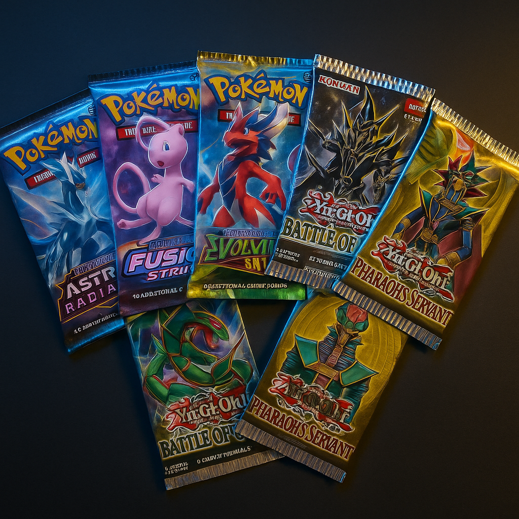 Assorted Pokémon and Yu-Gi-Oh! booster packs including Astral Radiance, Fusion Strike, and Pharaoh’s Servant.