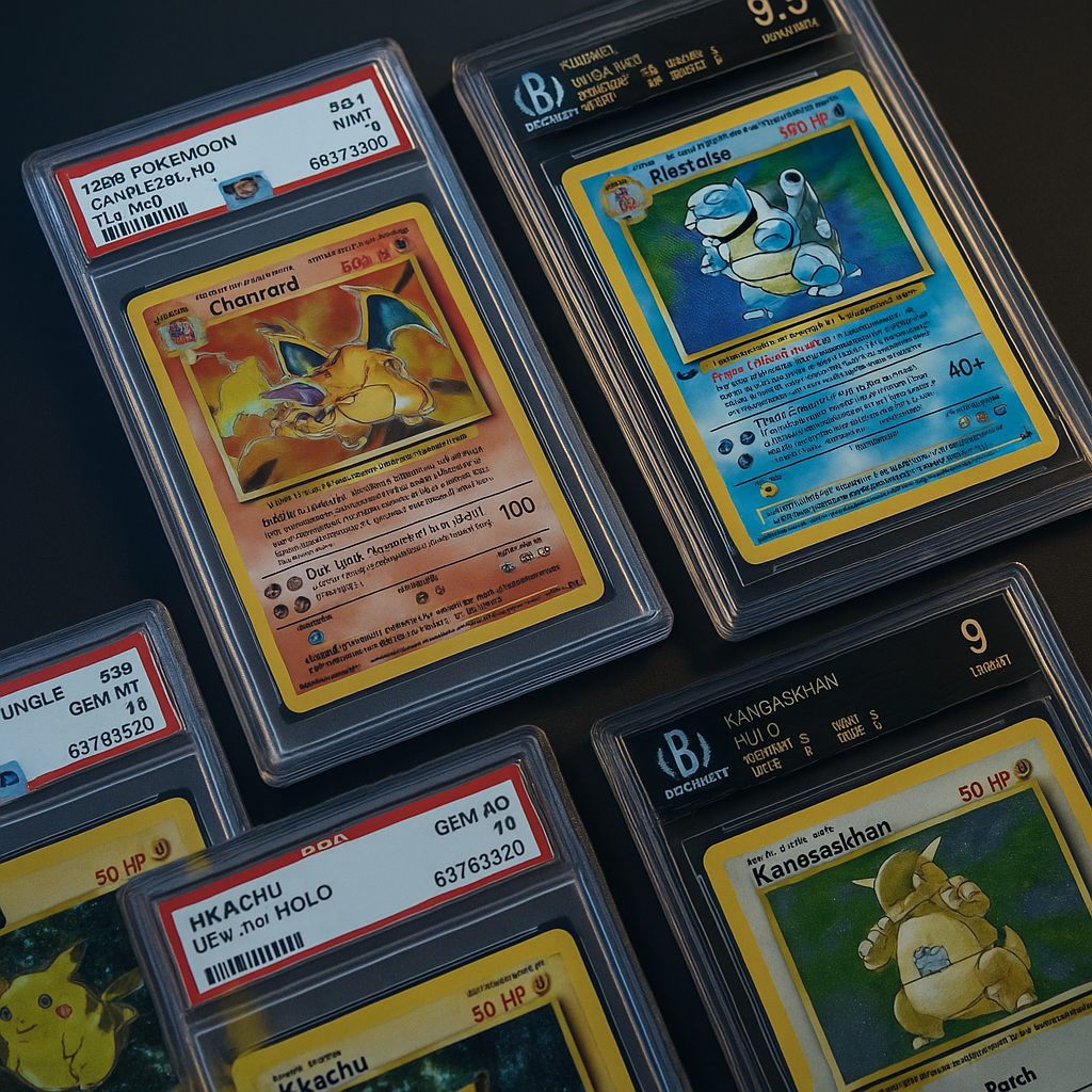 Graded vintage Pokémon cards including Charizard, Blastoise, and Pikachu displayed in protective cases