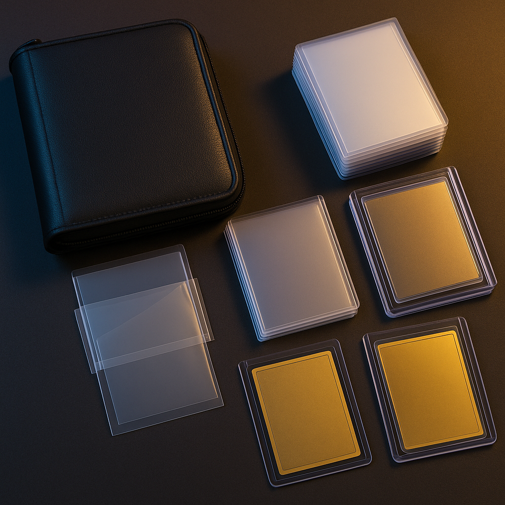 Trading card binder with stacks of sleeved collectible cards and protective card sleeves on a dark surface.