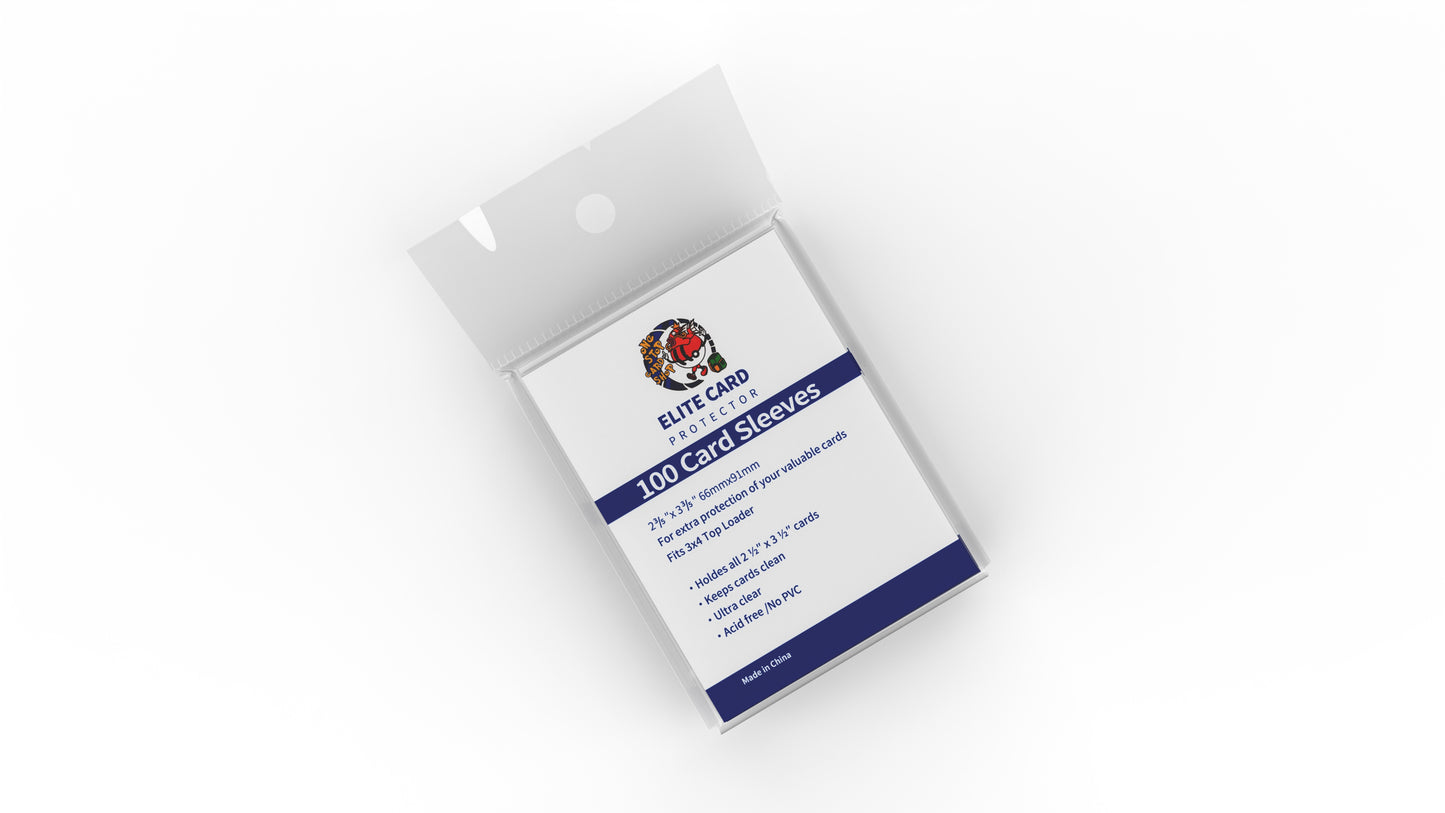 Elite Card Pro 100 card sleeves pack, clear protective sleeves for trading cards, board games, and collectibles in a white box with blue label.