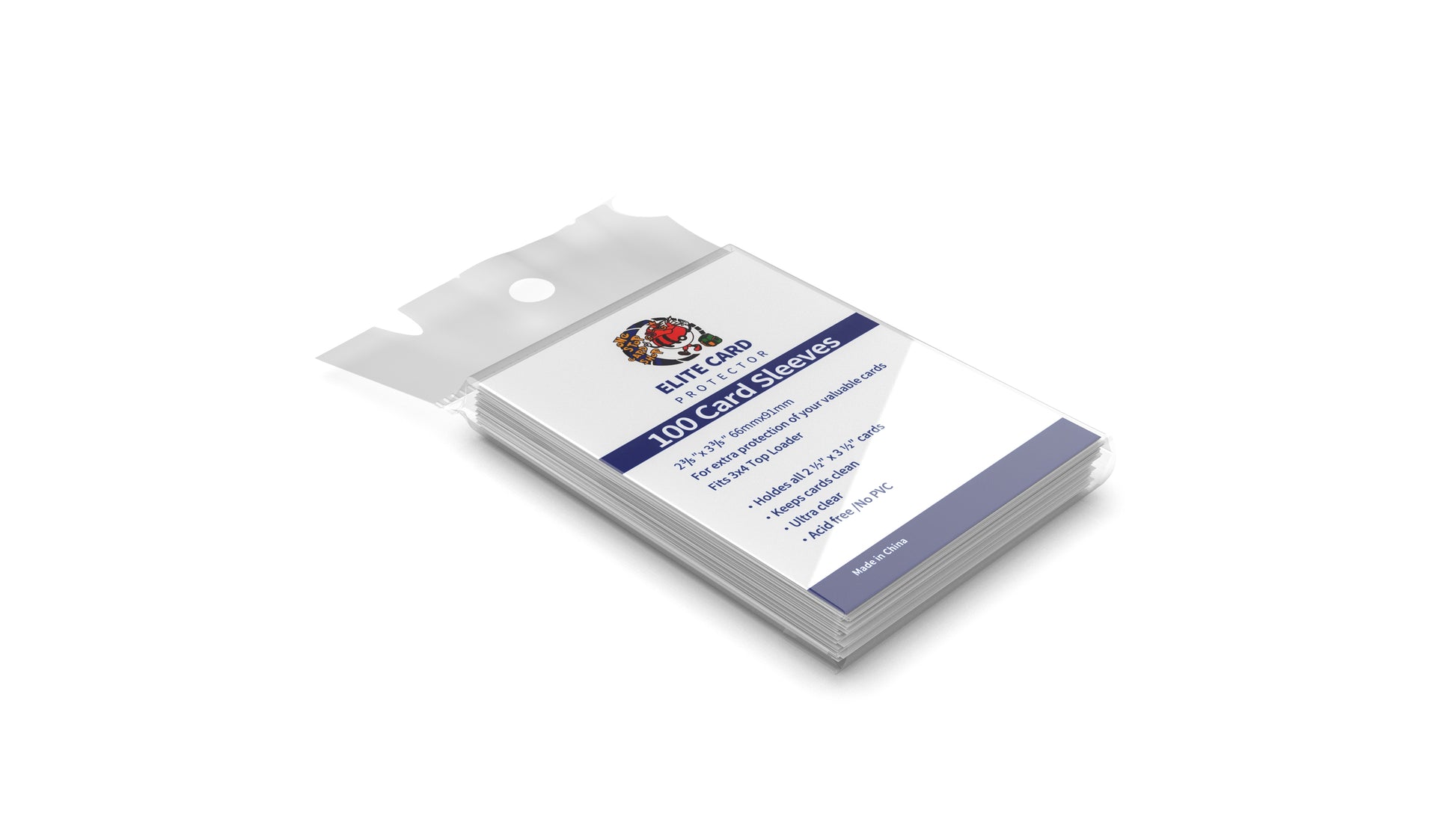 Pack of Elite Card Protector 100 clear card sleeves, measuring 2 1/2 x 3 1/2 inches, for protecting trading cards from wear and tear, shown on a white background.