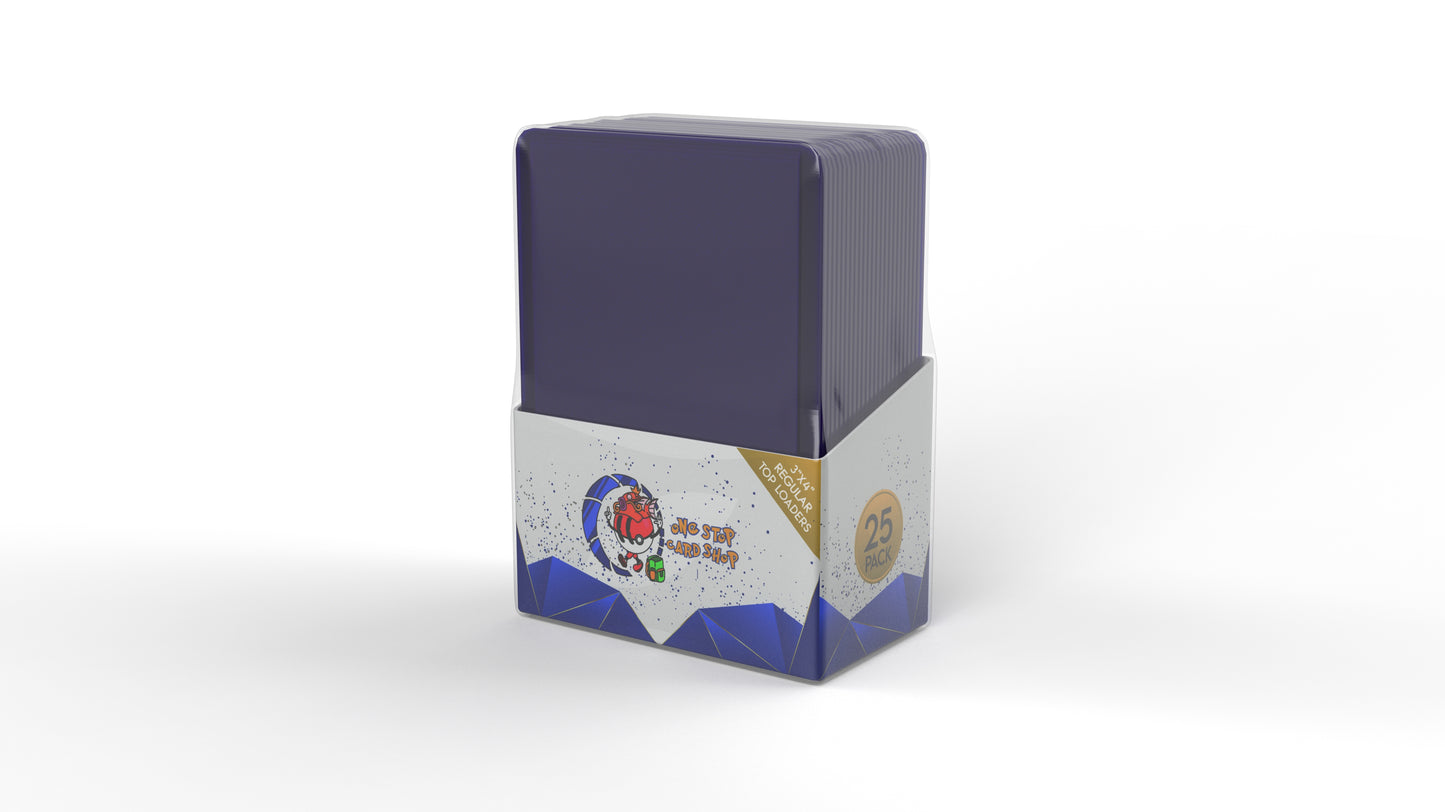 Pack of 25 purple card sleeves in transparent packaging with One Stop Card Shop branding and 3 1/4" x 4" regular top loader label, displayed on white background.