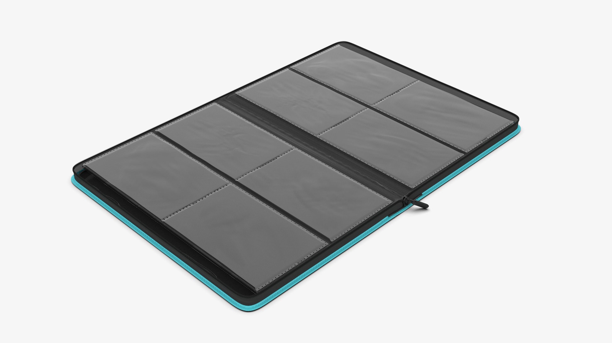 Open turquoise card binder with black interior sleeves displaying 20 card slots, on white background.
