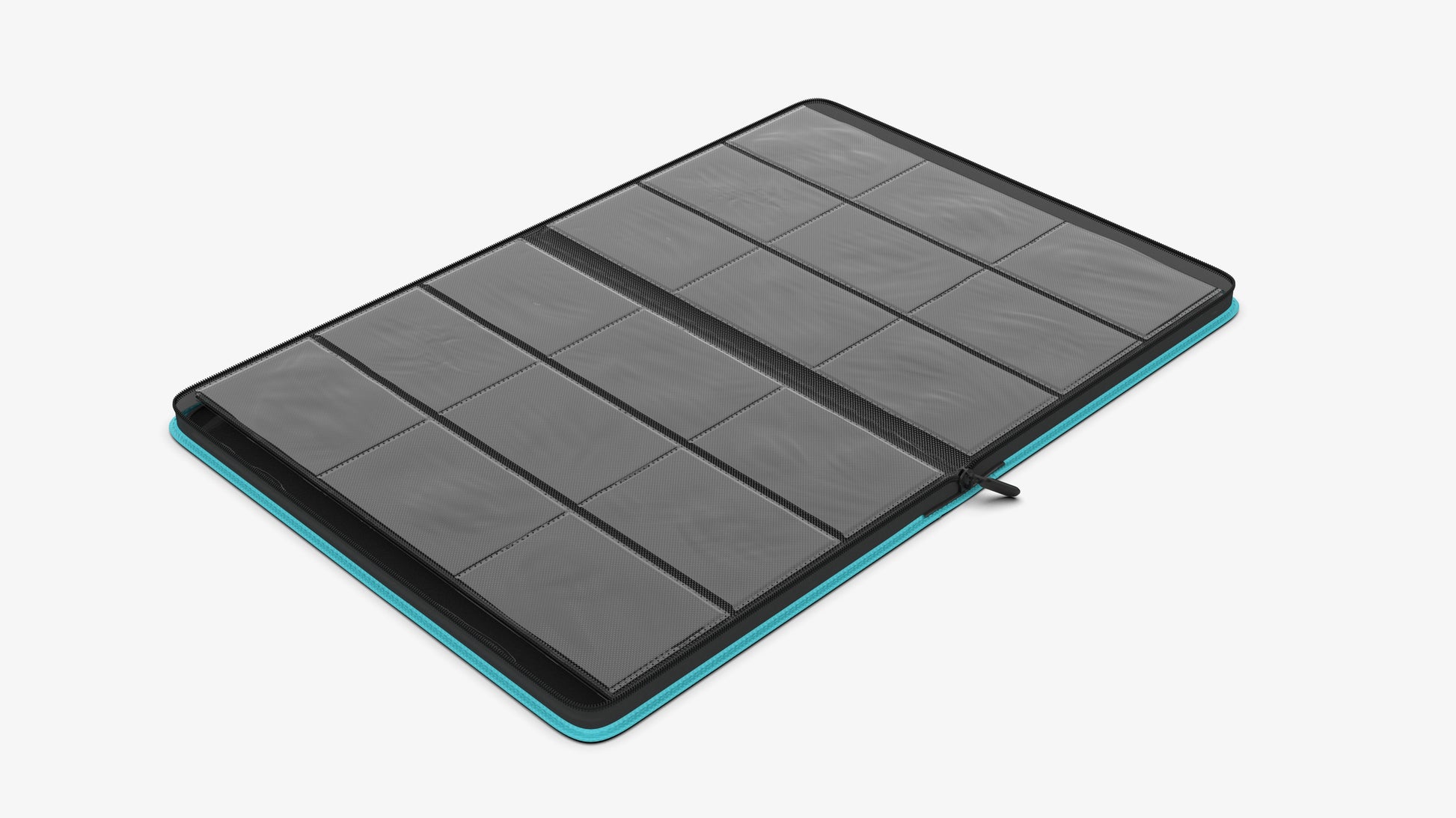 Open card binder with transparent plastic sleeves arranged in two rows, designed for storing trading cards, against a white background.