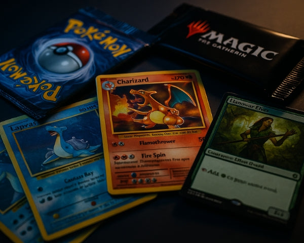 Charizard and Lapras Pokémon cards with Magic: The Gathering Llanowar Elves – rare collectible trading cards