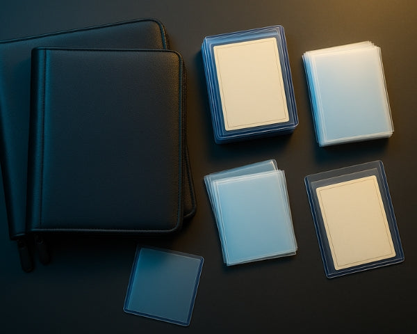 Trading card binders and sleeved collectible cards neatly arranged on a dark surface for storage and protection