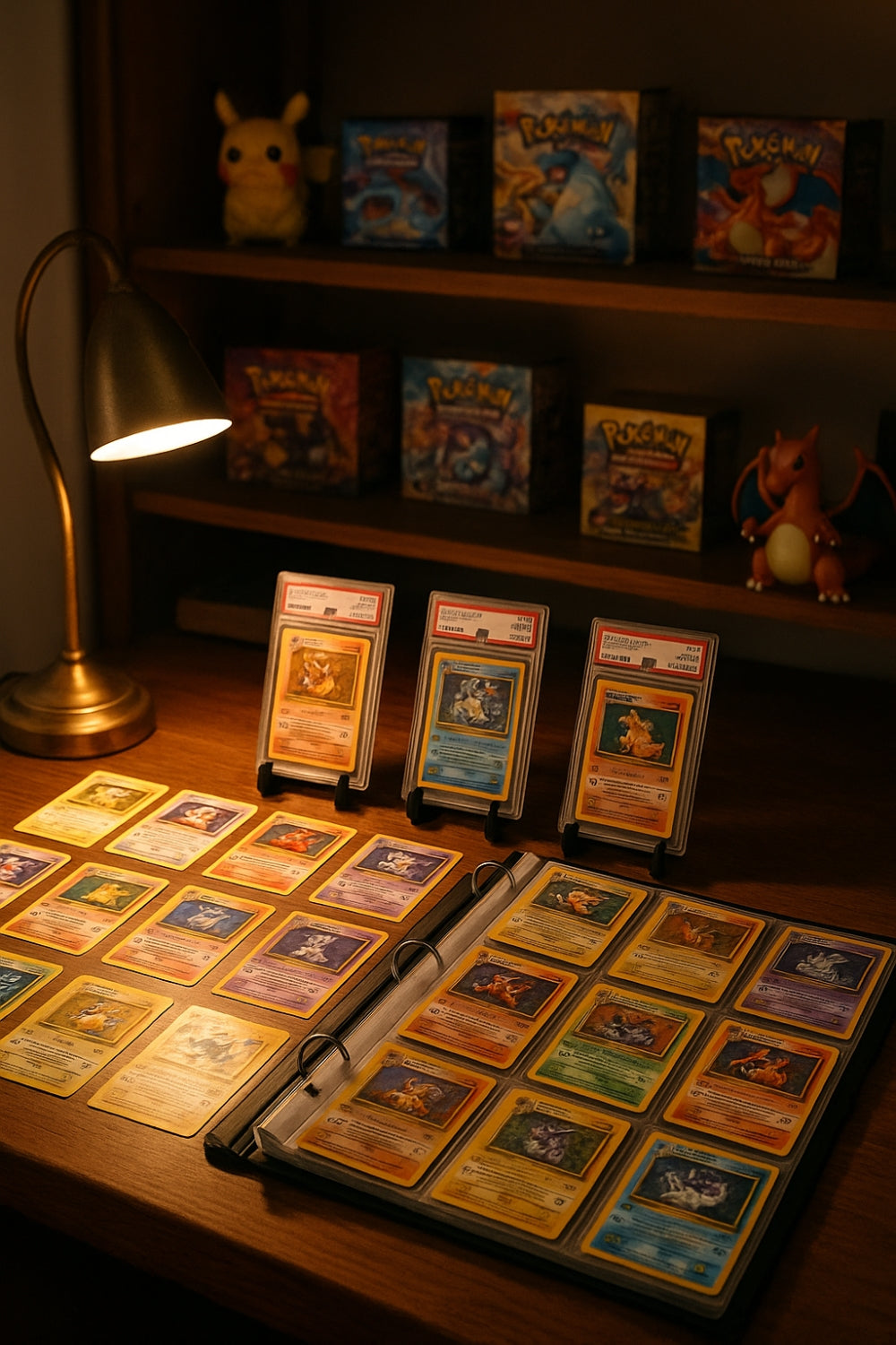 Rare graded and bindered Pokémon cards on a wooden desk with booster boxes and figures on shelf in warm lighting