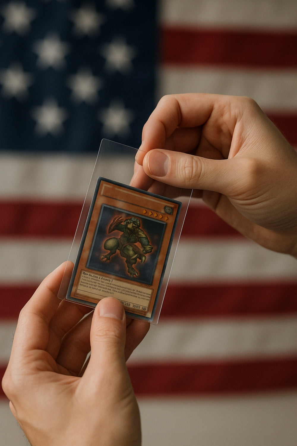 Hands holding a sleeved Yu-Gi-Oh! trading card in front of an American flag background