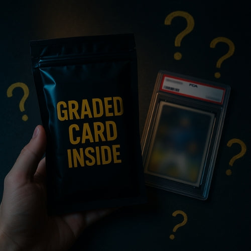 Mystery graded card pack held by hand next to a PSA slabbed trading card with question marks in the background