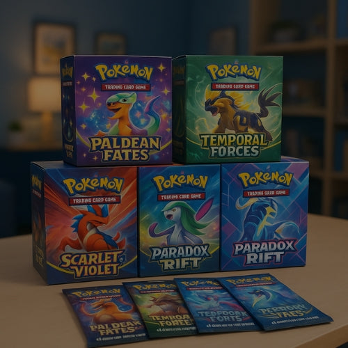 Stacked Pokémon TCG booster boxes including Paldean Fates, Temporal Forces, Scarlet & Violet, and Paradox Rift with booster packs.