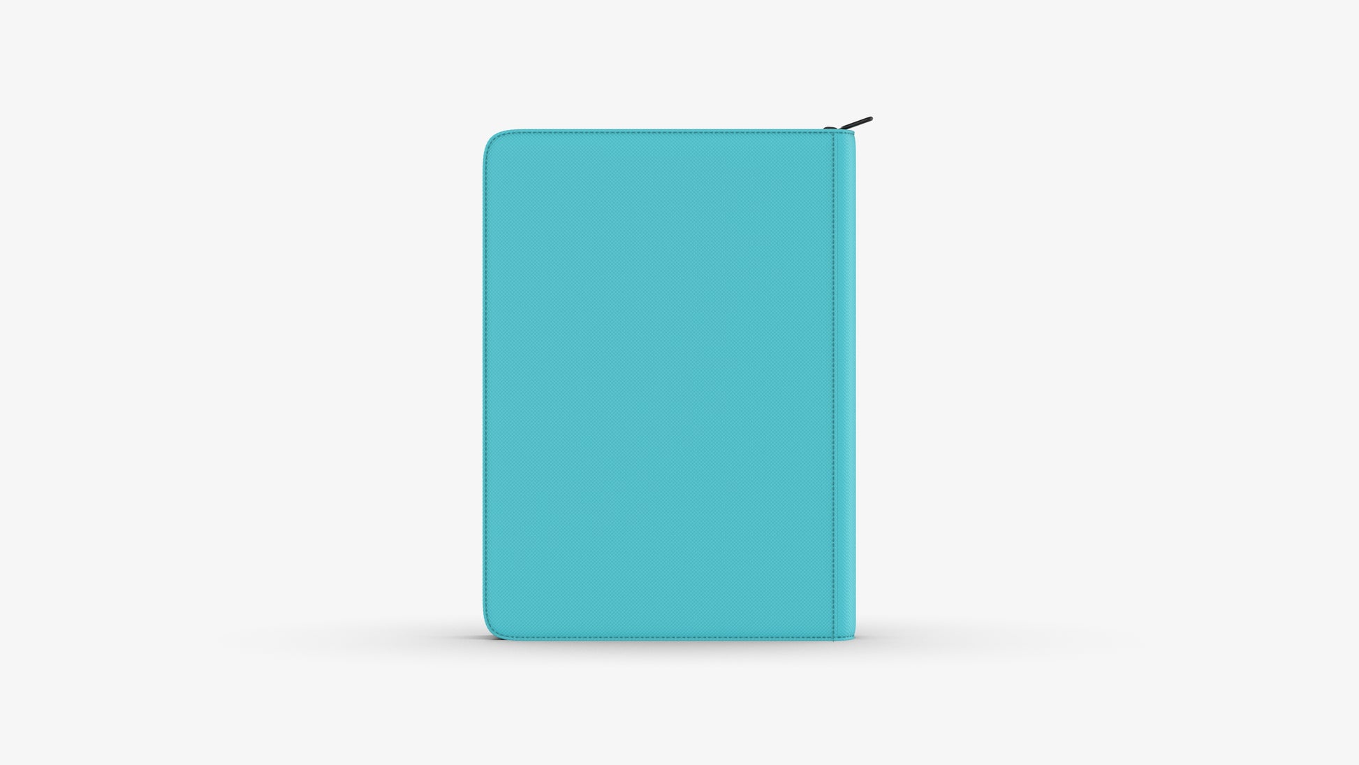 Closed turquoise blue zippered binder or portfolio with a textured cover, standing upright on a white background.