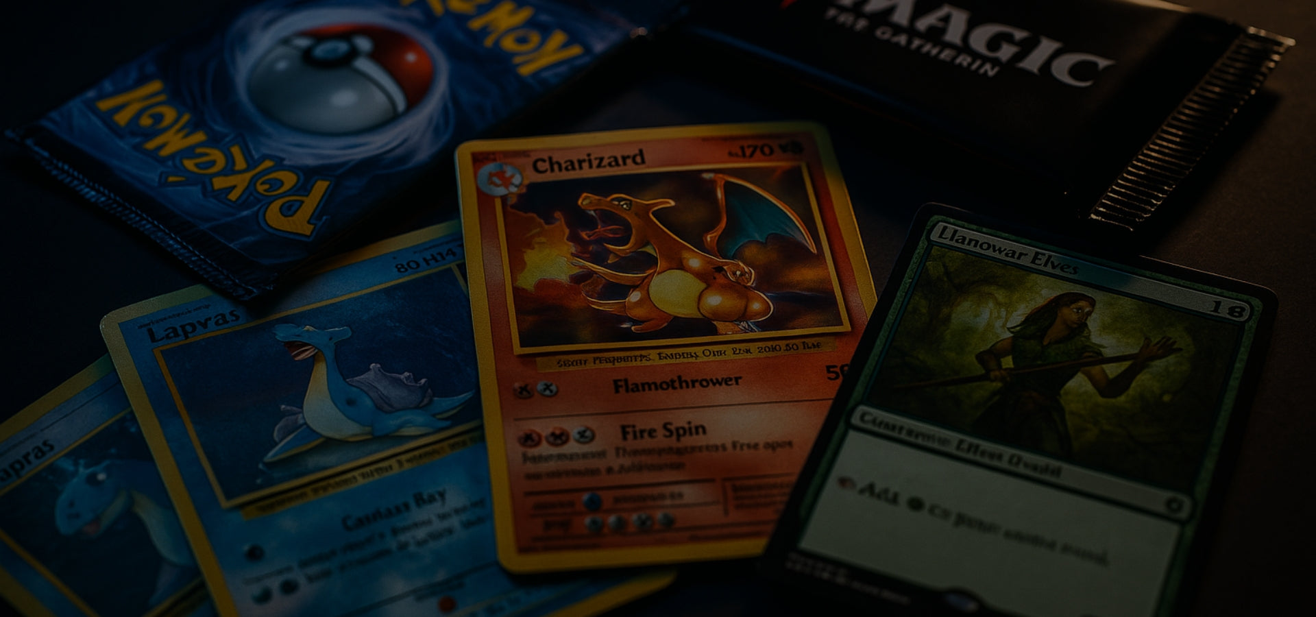Charizard, Lapras Pokémon cards and Llanowar Elves Magic card – rare collectible trading cards for TCG collectors