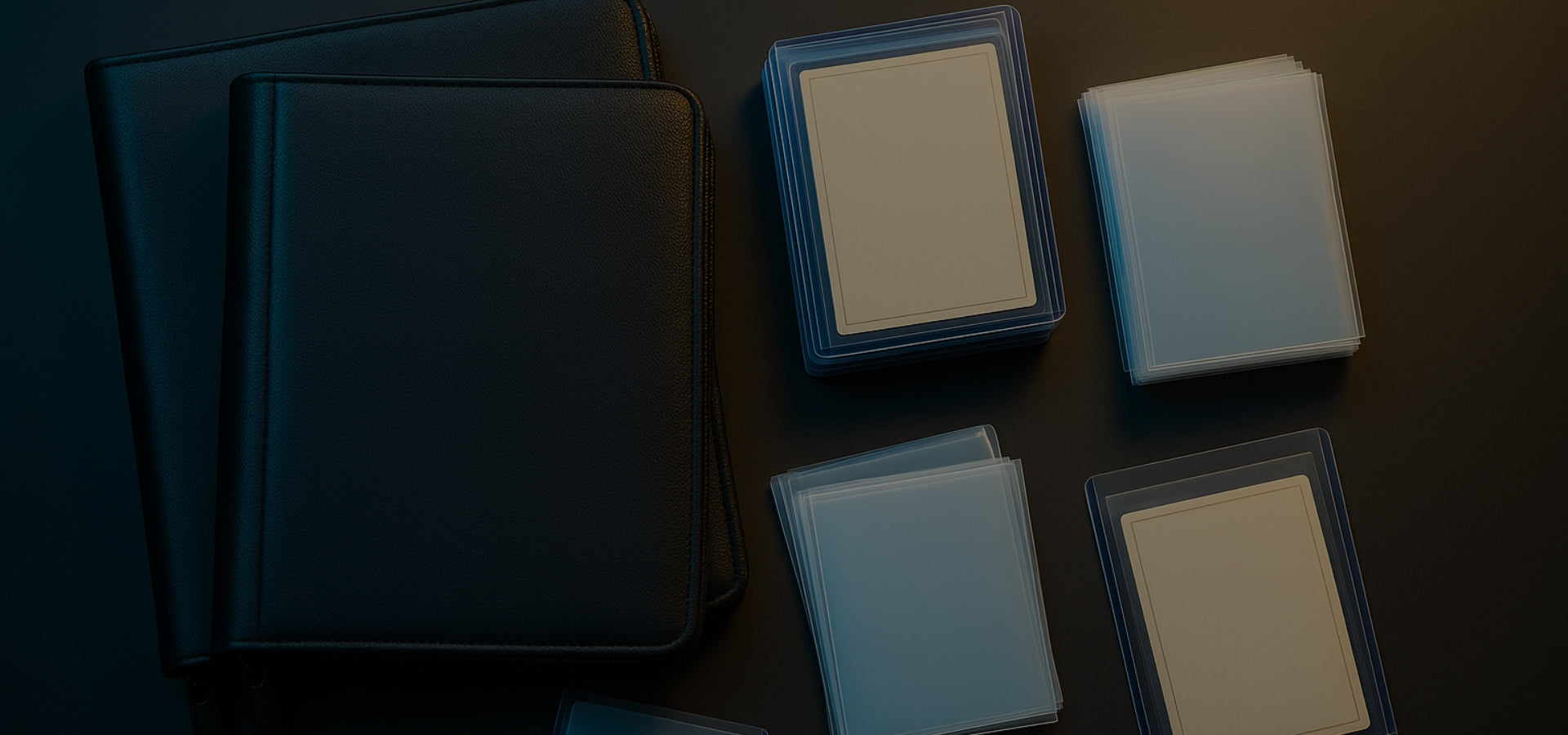 Empty trading card binders and stacks of sleeved cards on a dark surface for collectible card storage and organization.