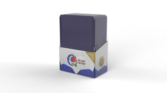 Pack of 25 purple card sleeves in transparent packaging with One Stop Card Shop branding and 3 1/4" x 4" regular top loader label, displayed on white background.