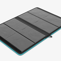 Open turquoise card binder with black interior sleeves displaying 20 card slots, on white background.