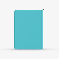 Closed turquoise blue zippered binder or portfolio with a textured cover, standing upright on a white background.